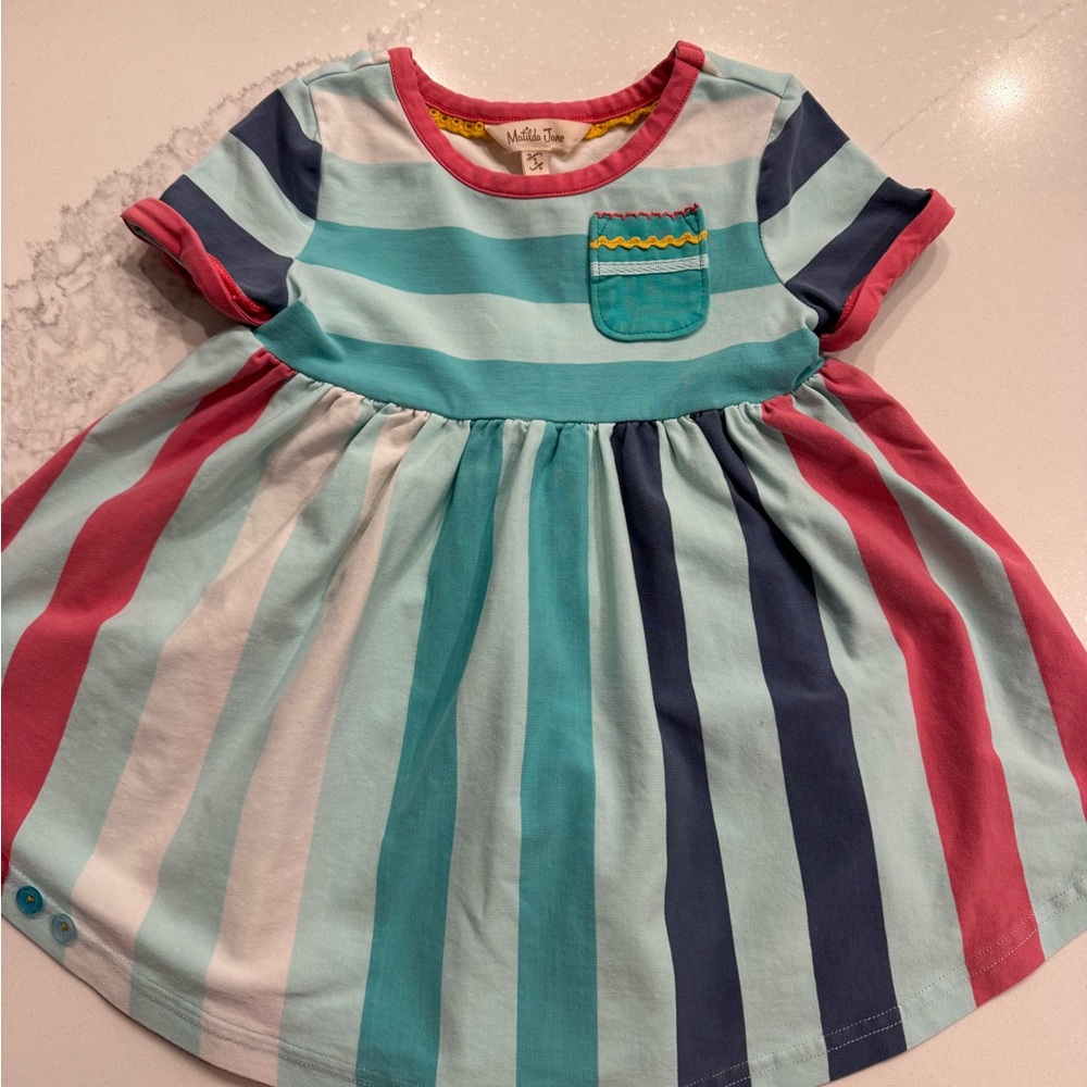 Matilda Jane Multi-Stripe Short Sleeve Dress - Aqua, Navy & Pink